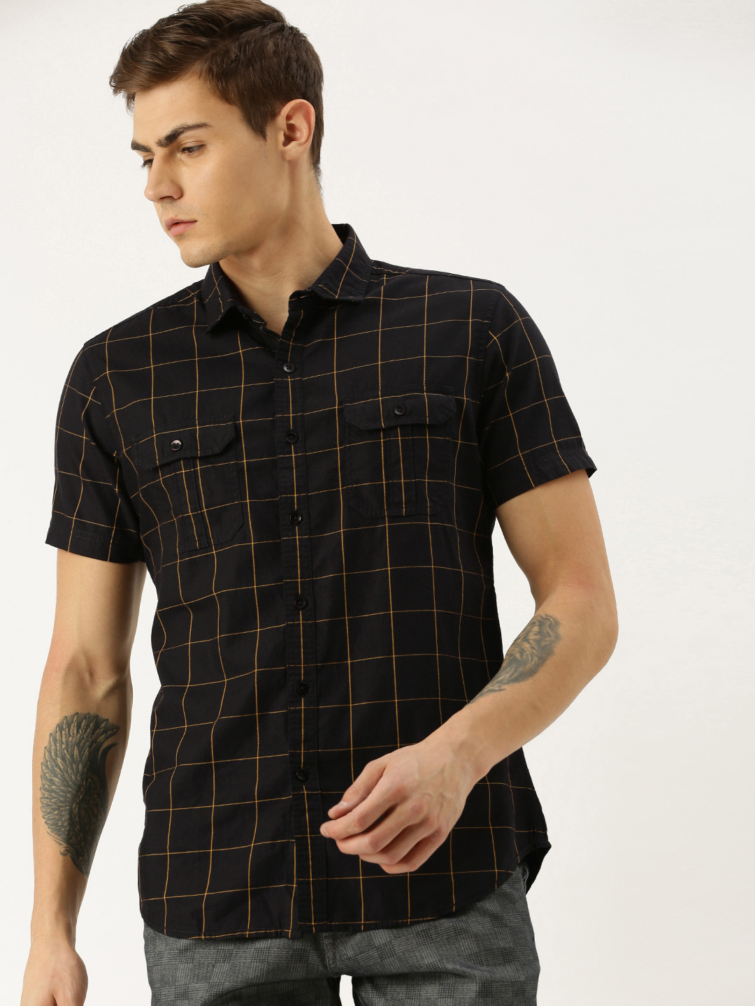 Moda Rapido Men Black & Mustard Yellow Slim Fit Checked Casual Shirt
