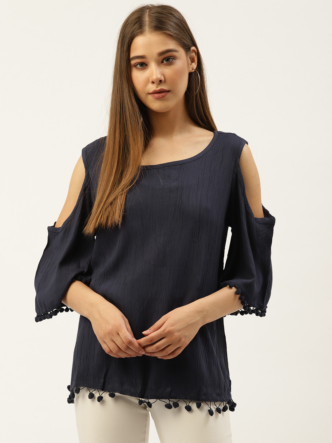 An Episode Women Navy Blue Solid Cold-Shoulder Top with Pom-Pom Detail