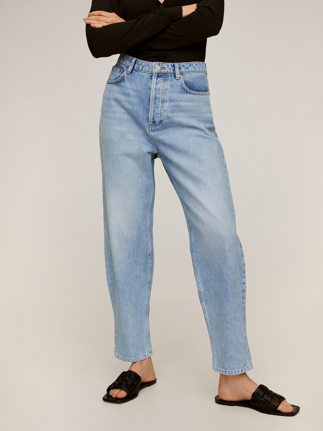 MANGO Women Blue Balloon Fit Mid-Rise Clean Look Sustainable Jeans