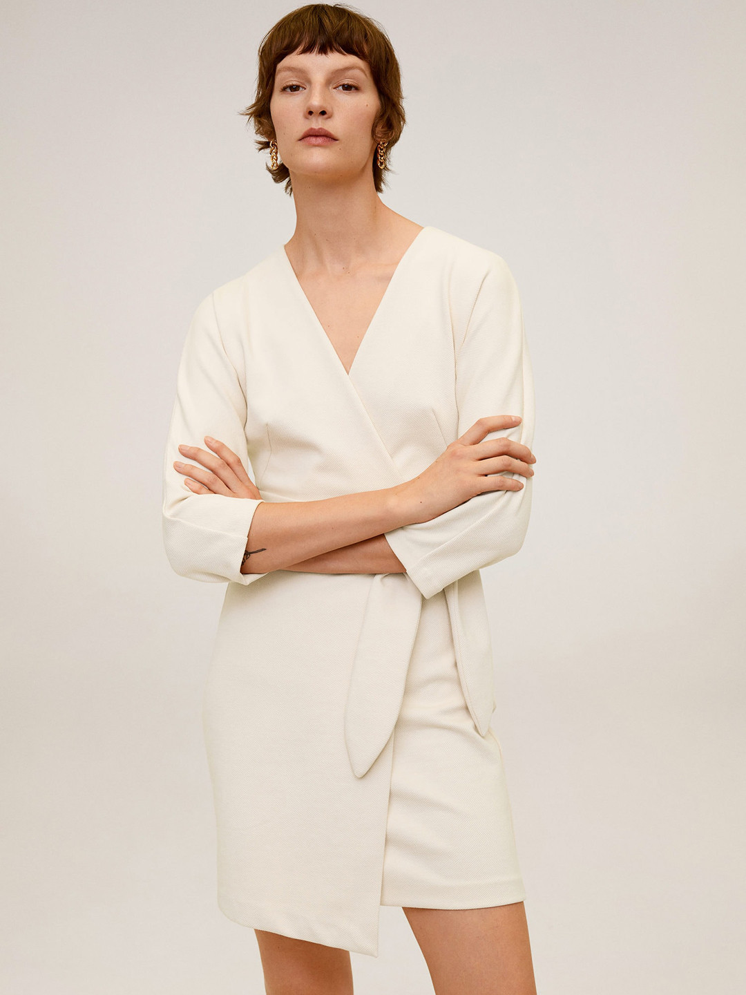 MANGO Women Cream-Coloured Solid Wrap Dress