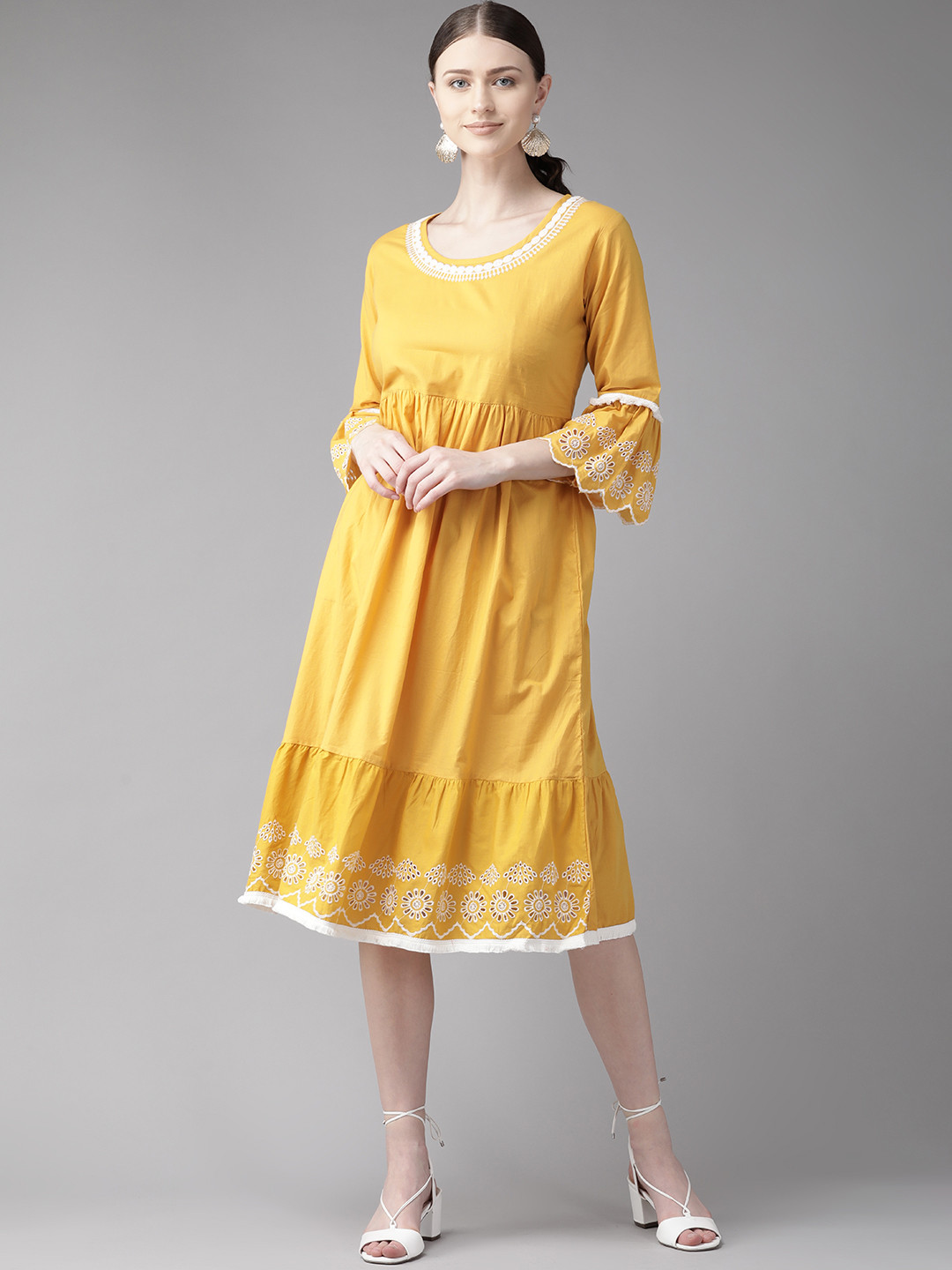 Bhama Couture Bell Sleeve Lace Detail A-Line Midi Dress