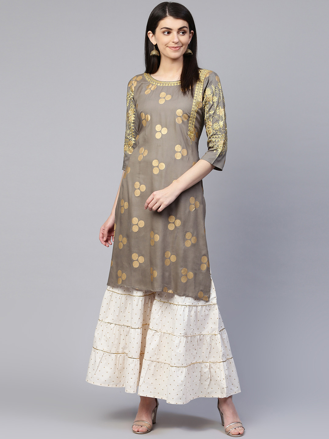RANGMAYEE Women Charcoal Grey & White Screen Printed Kurta with Sharara