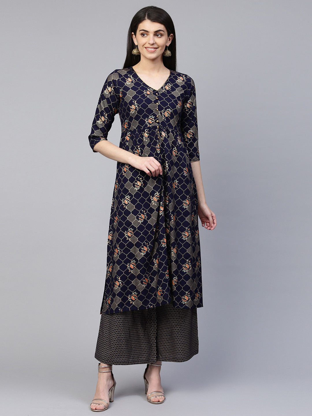 RANGMAYEE Women Navy Blue & Golden Screen Printed Kurta with Palazzos
