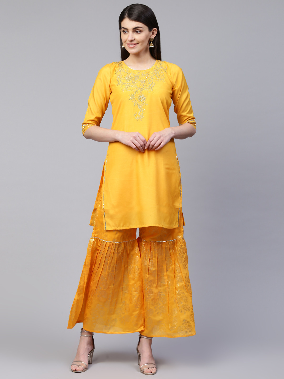 RANGMAYEE Women Mustard Yellow & Golden Yoke Design Kurta with Sharara