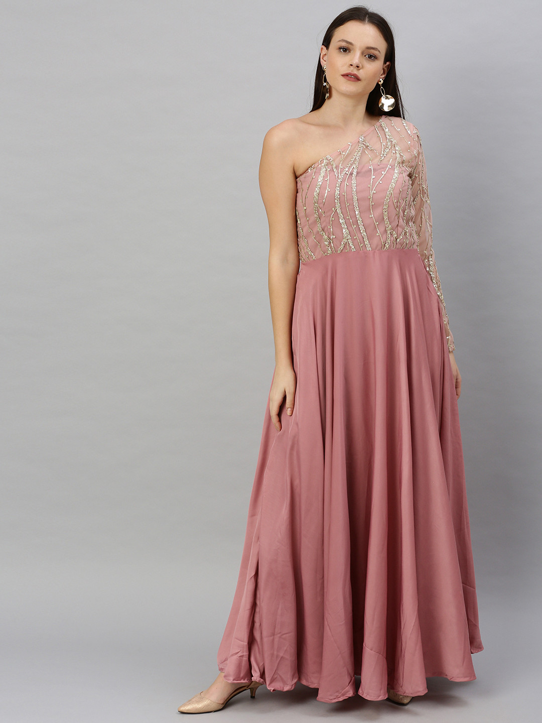 Ethnovog Women Mauve  Golden Embellished Maxi Made To Measure Dress with Gathers