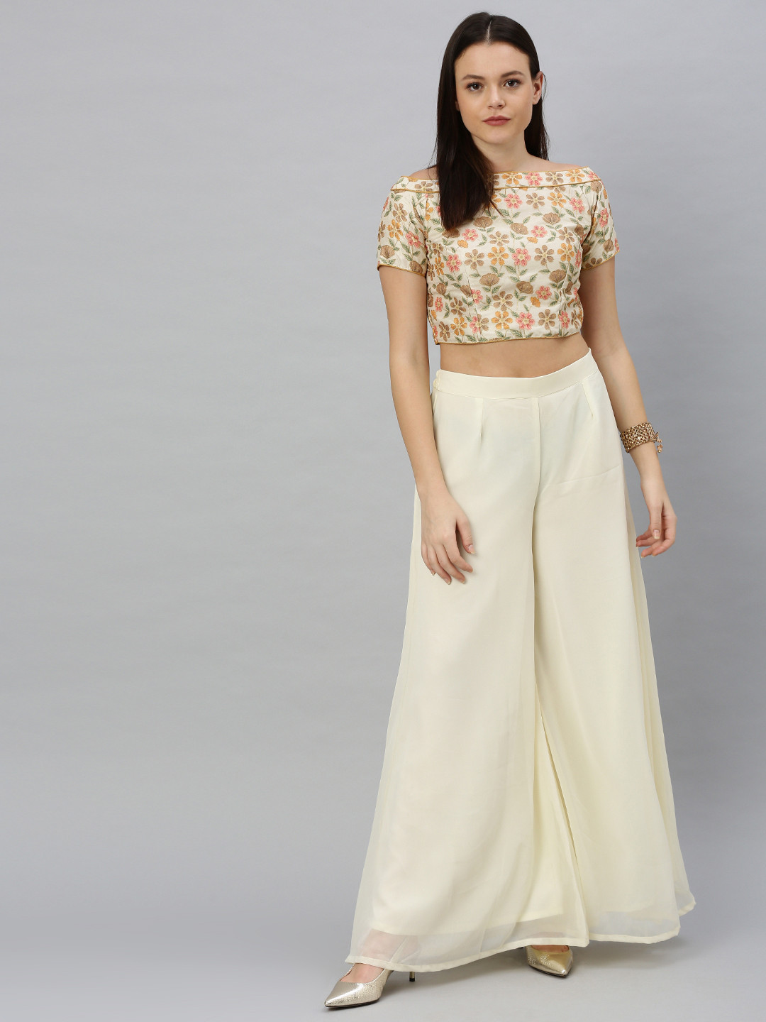 Ethnovog Women Cream-Coloured  Pink Made To Measure Embroidered Top with Palazzos