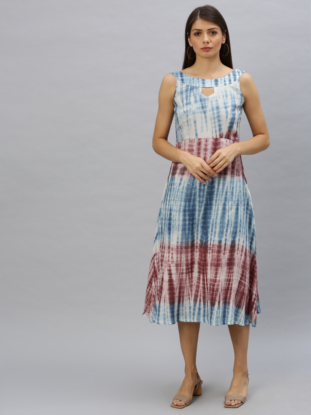 Ethnovog Women White  Blue Dyed Made To Measure A-Line Dress