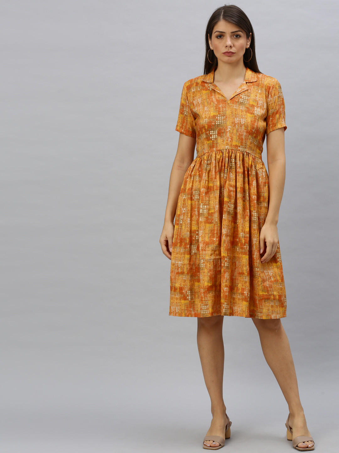 Ethnovog Women Mustard Yellow Dyed Fit and Flare Made to Measure Dress