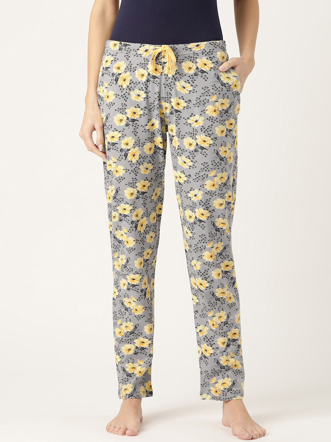 Kanvin Women Lime Grey & Yellow Floral Print Lounge Pants