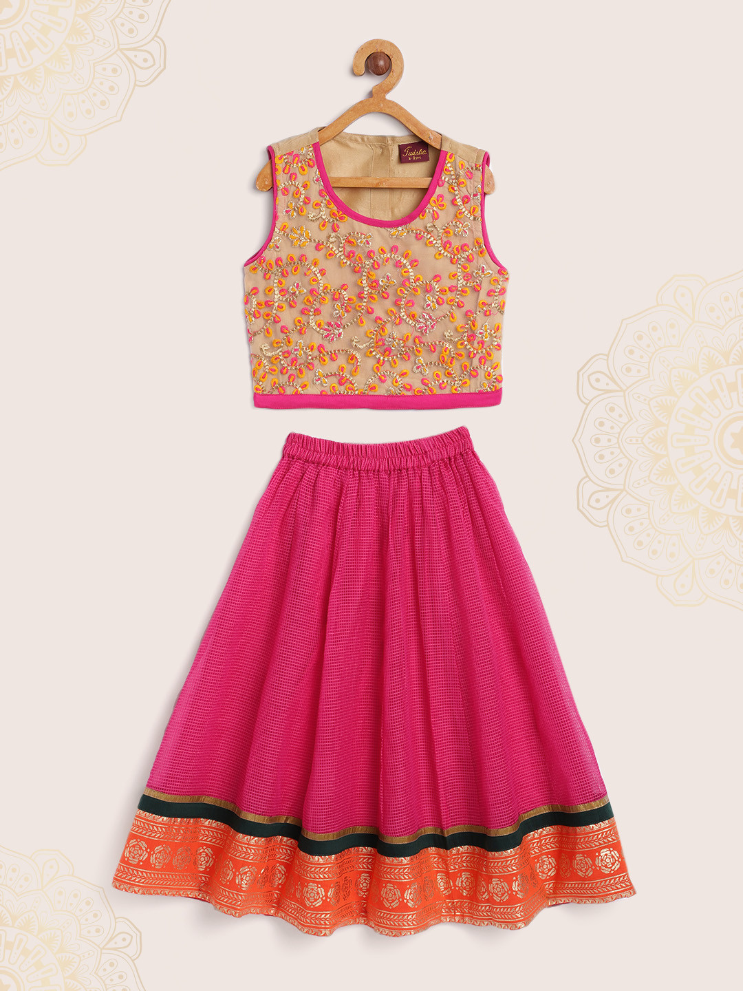 Twisha Girls Pink & Beige Ready to Wear Lehenga with Blouse