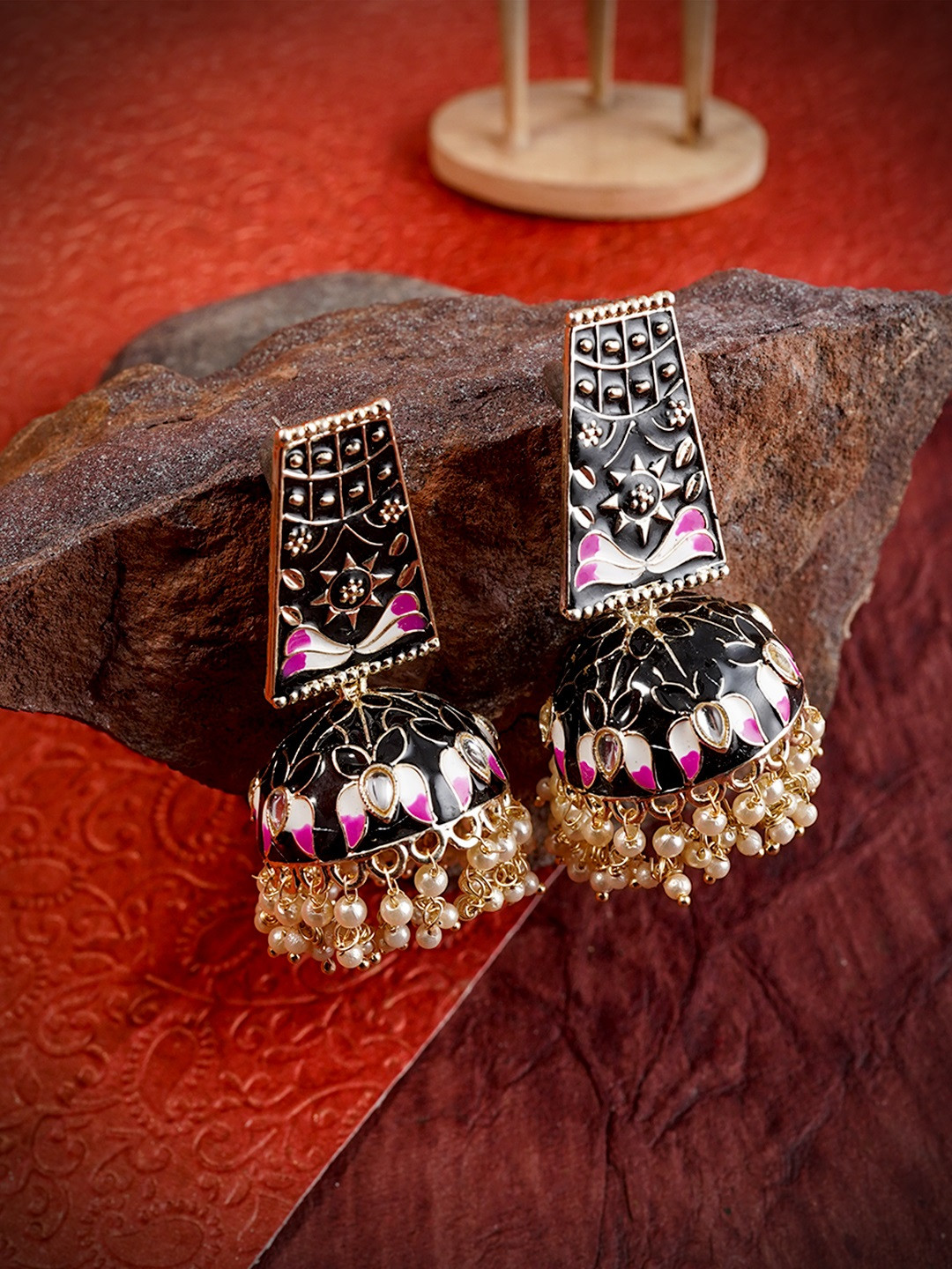 LAIDA Black & Gold-Plated Enameled Dome Shaped Jhumkas