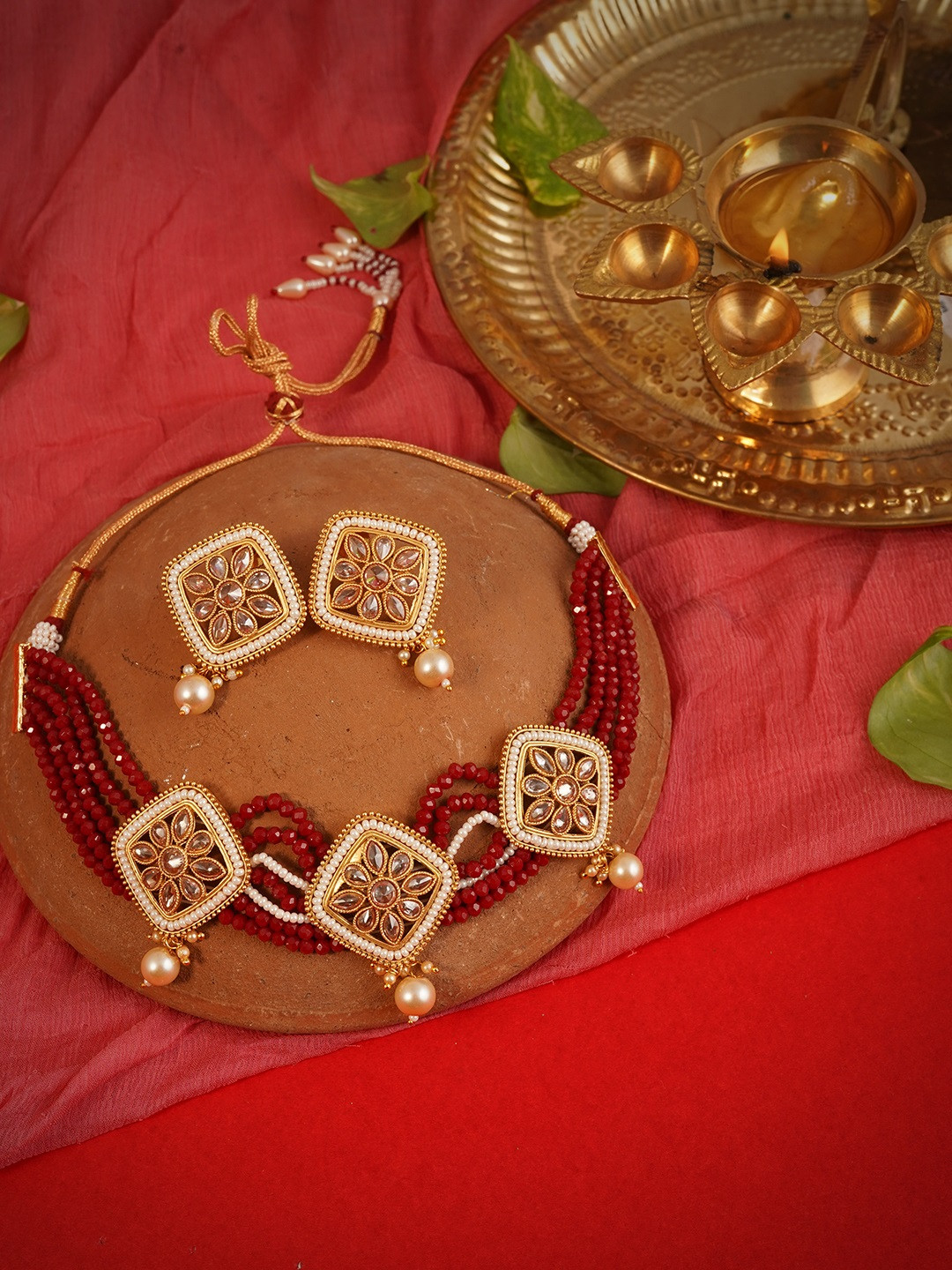 LAIDA Gold-Toned & Maroon Stone-Studded Jewellery Set