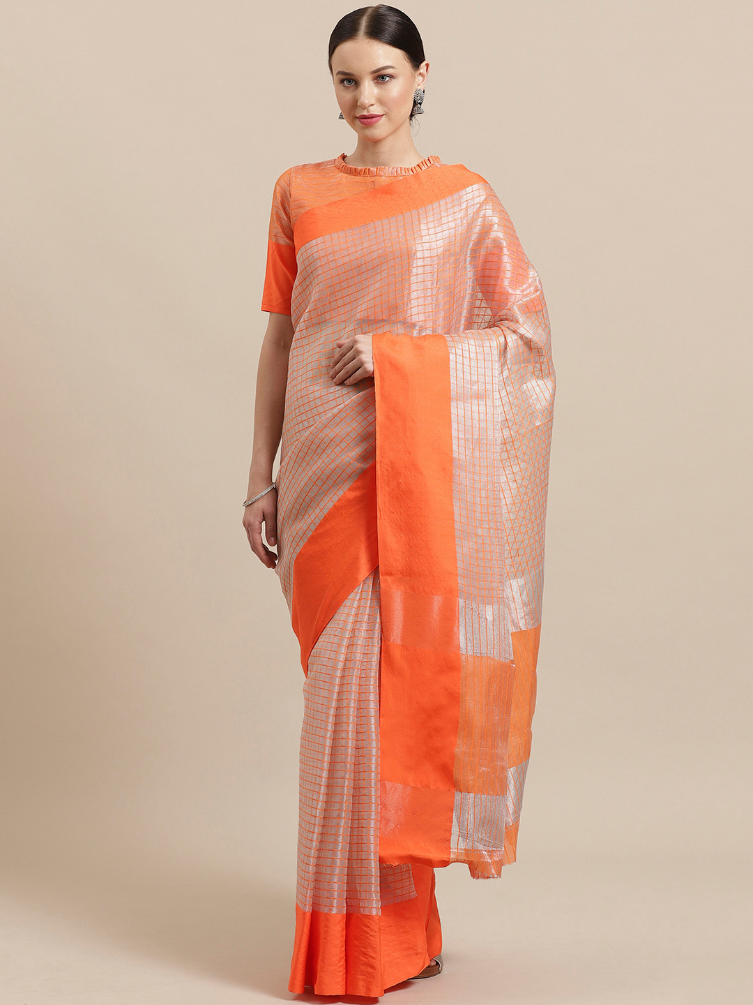 Saree mall Silver & Orange Zari Checked Saree