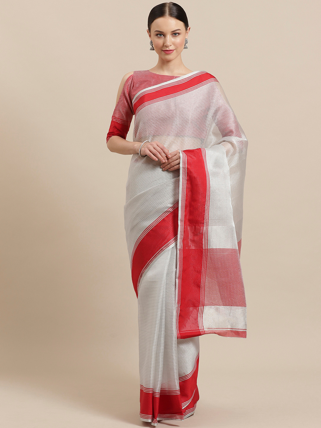 Saree mall Silver & Red Zari Self-Checked Saree