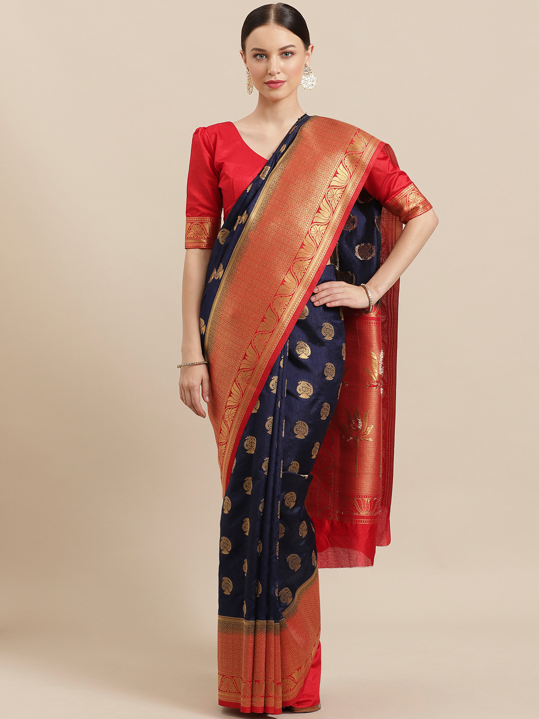 Saree mall Navy Blue & Golden Zari Woven Design Banarasi Saree