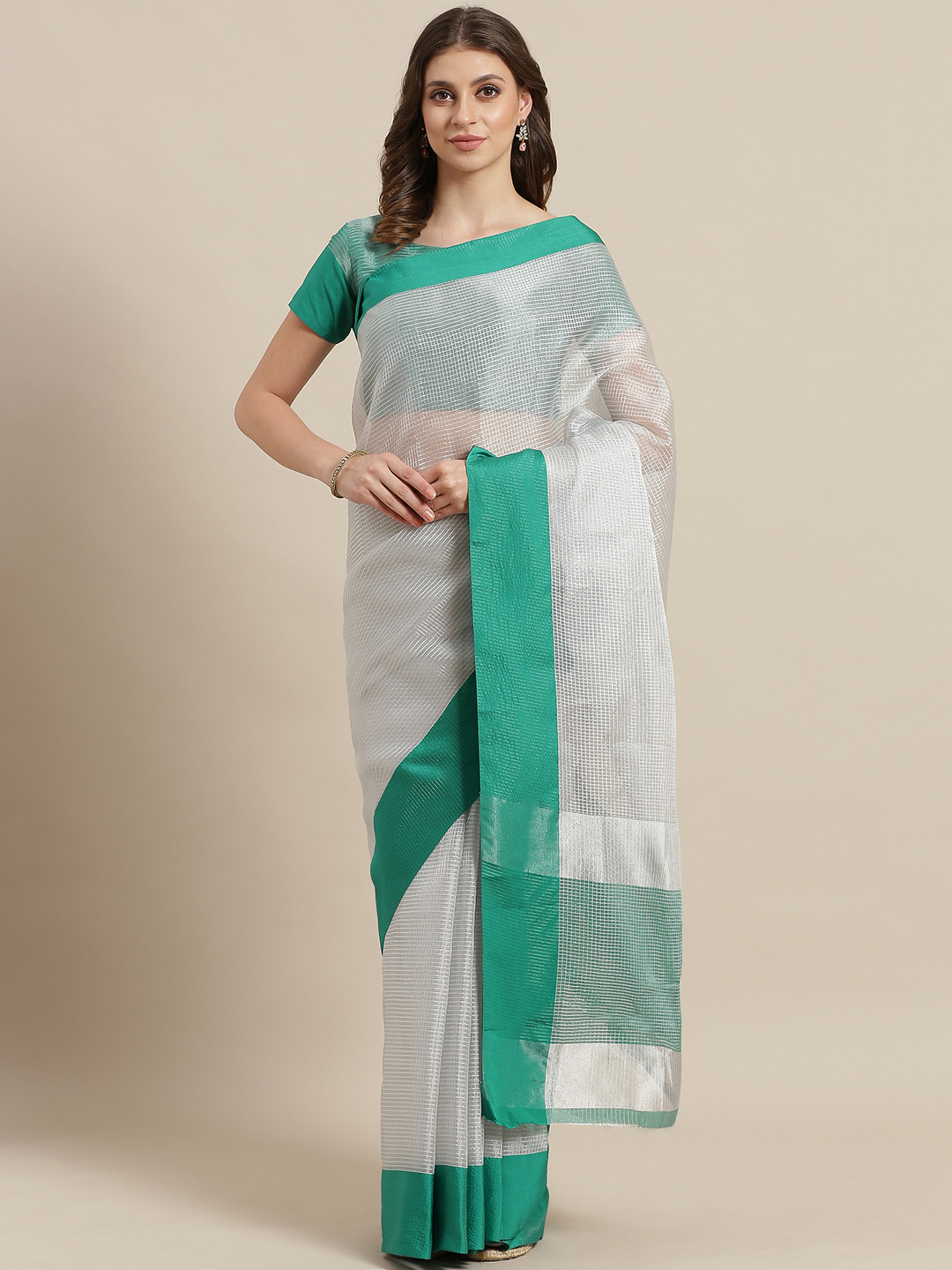 Saree mall Silver & Teal Blue Zari Work Checked Saree