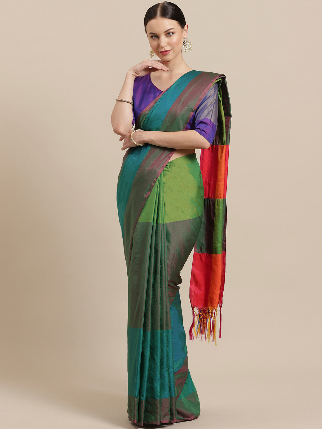 Saree mall Green & Blue Dual-Toned Colourblocked Mangalagiri Saree