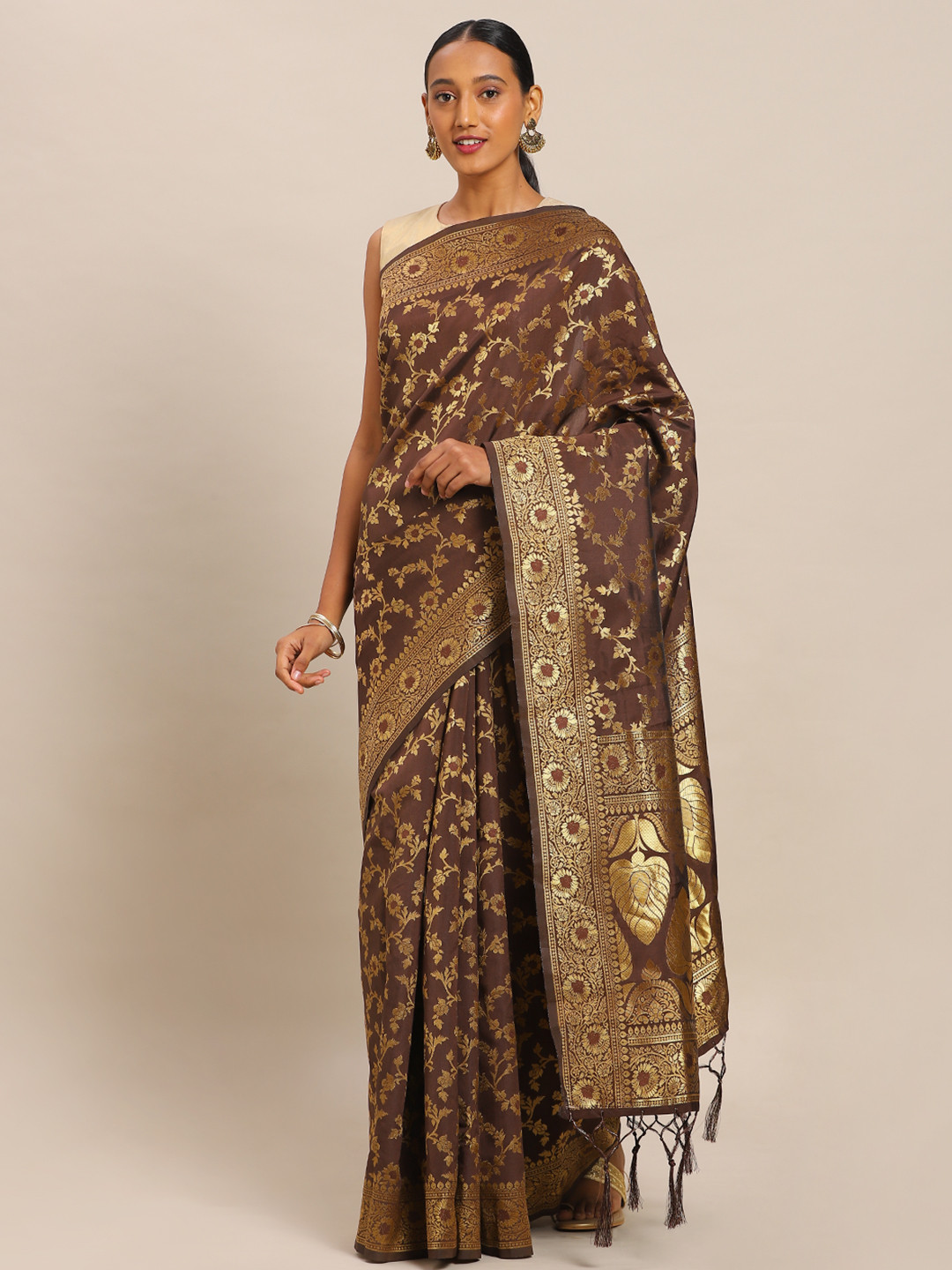 Mitera Coffee Brown & Gold-Toned Art Silk Woven Design Banarasi Saree