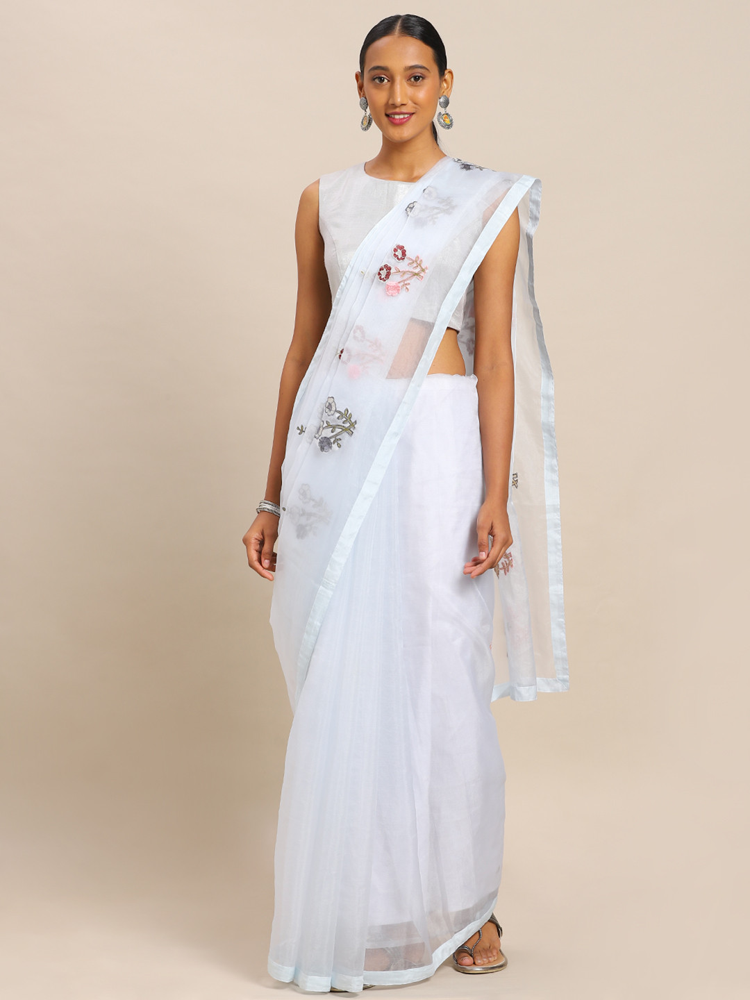 Mitera Blue Embroidered Organza Saree