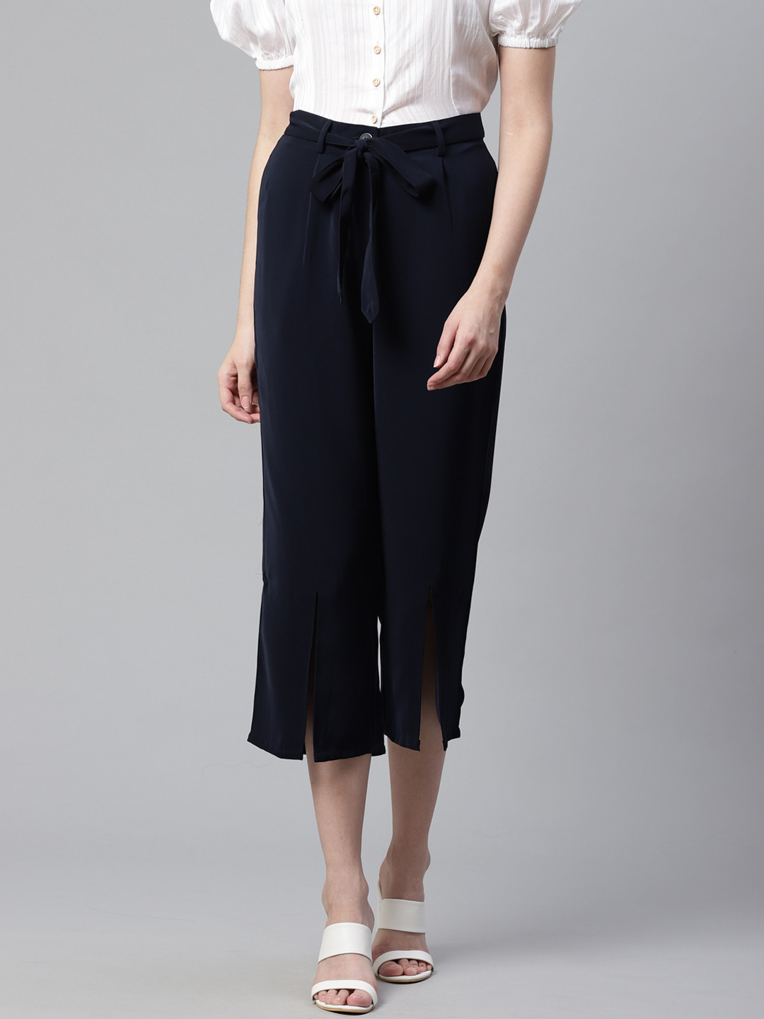 STREET 9 Women Navy Blue Regular Fit Solid 3/4th Trousers with Belt