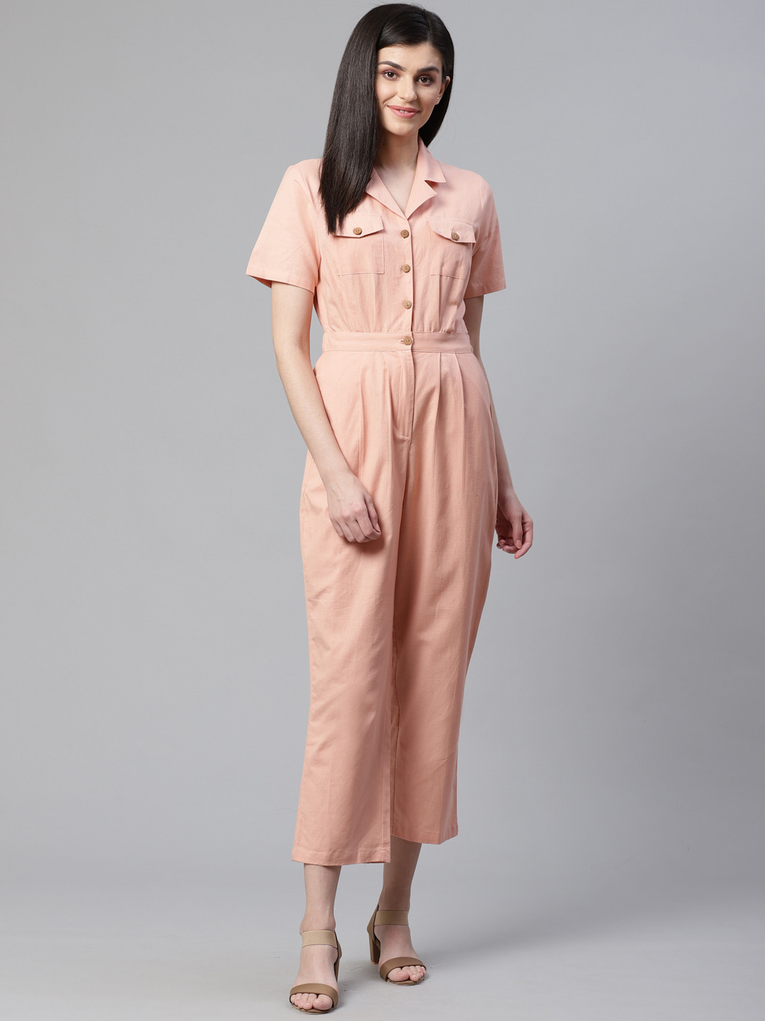 STREET 9 Women Peach-Coloured Solid Cropped Basic Jumpsuit