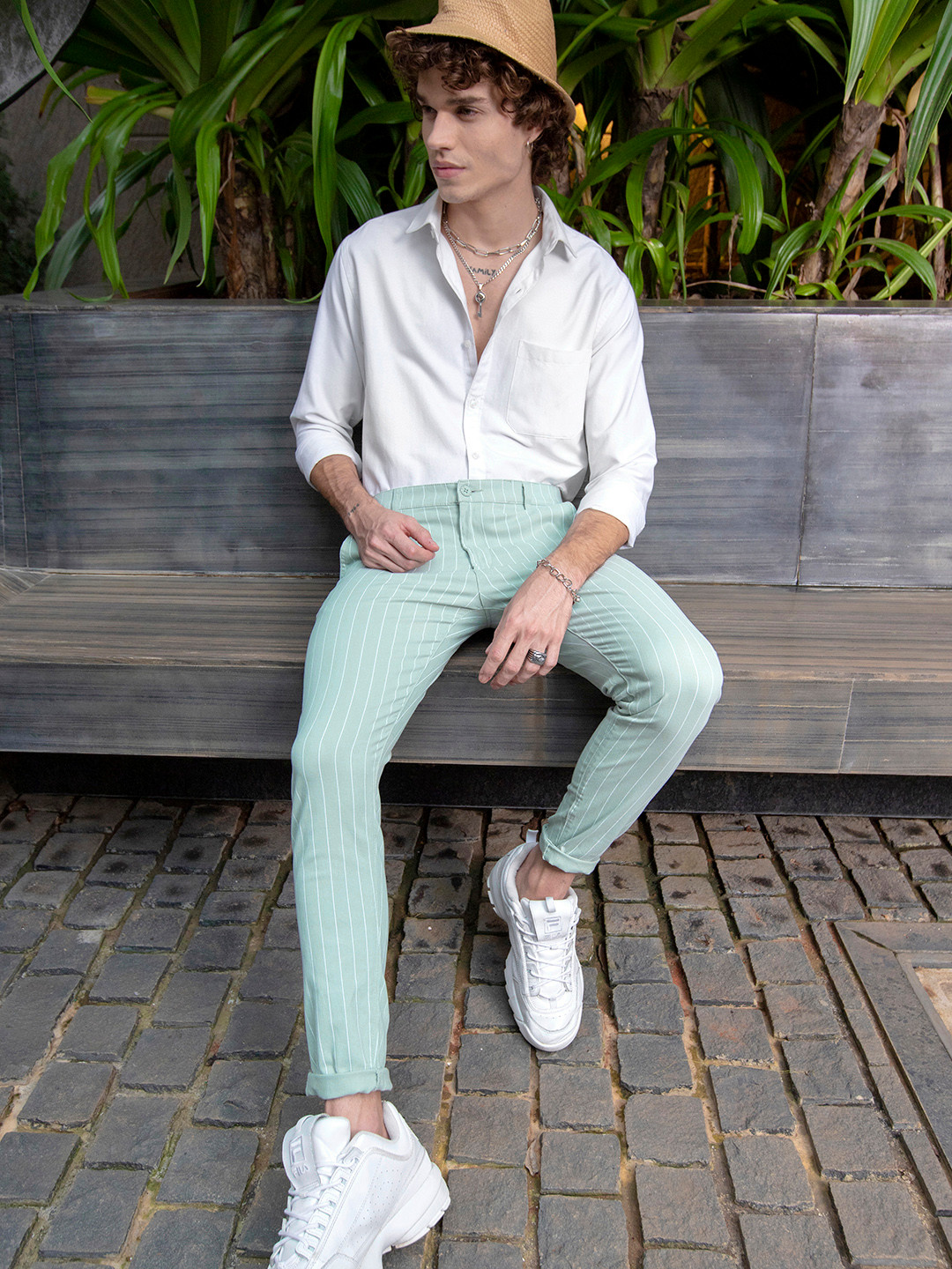 The Indian Garage Co Men Green & White Slim Fit Striped Chinos