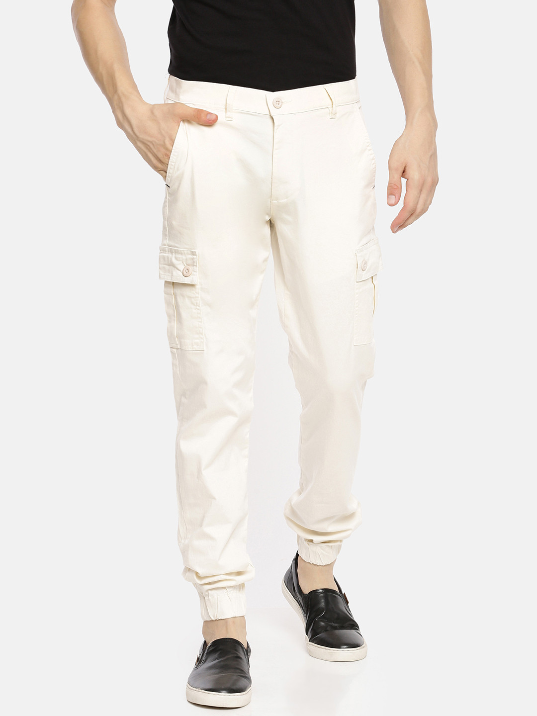 The Indian Garage Co Men Off-White Slim Fit Solid Cargo Joggers