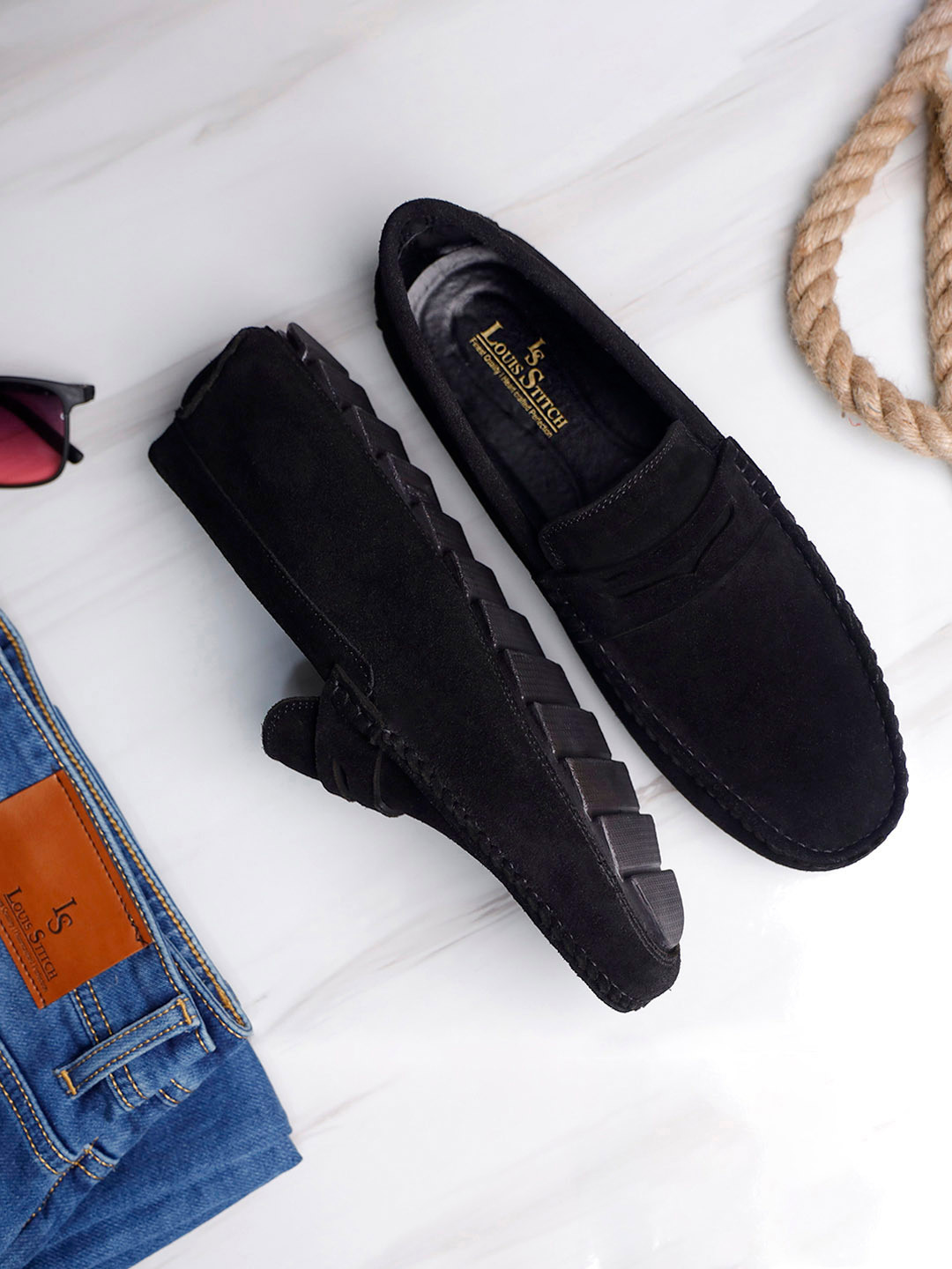 LOUIS STITCH Men Obsidian Black Italian Suede Leather Driving Loafers