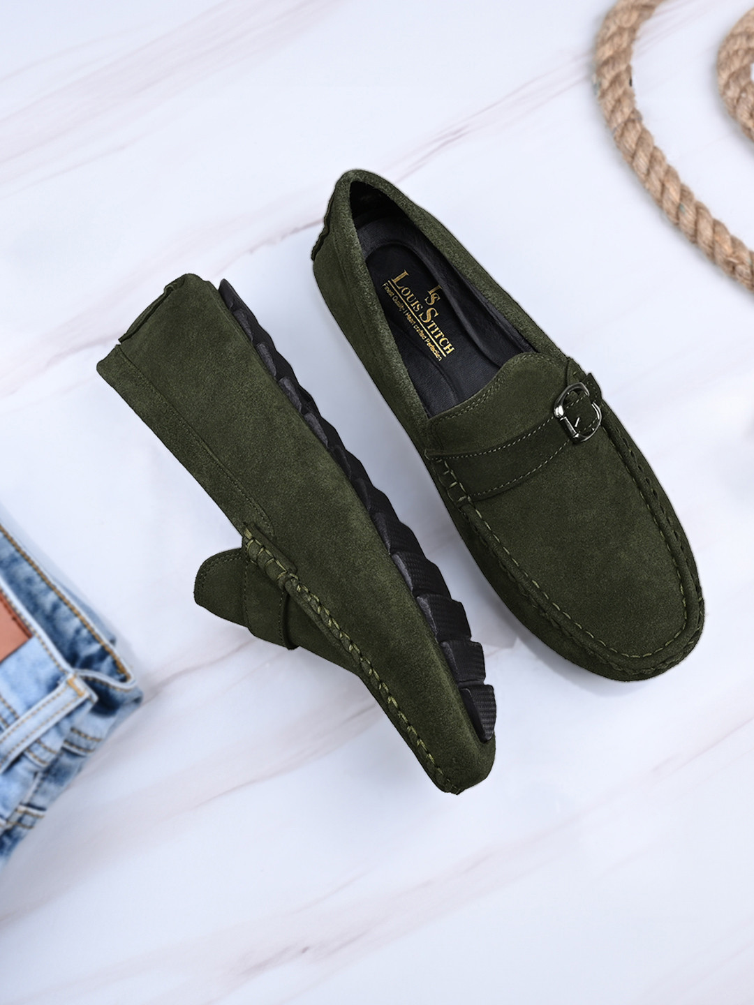 LOUIS STITCH Men Seaweed Green Italian Suede Leather Handmade Driving Loafers