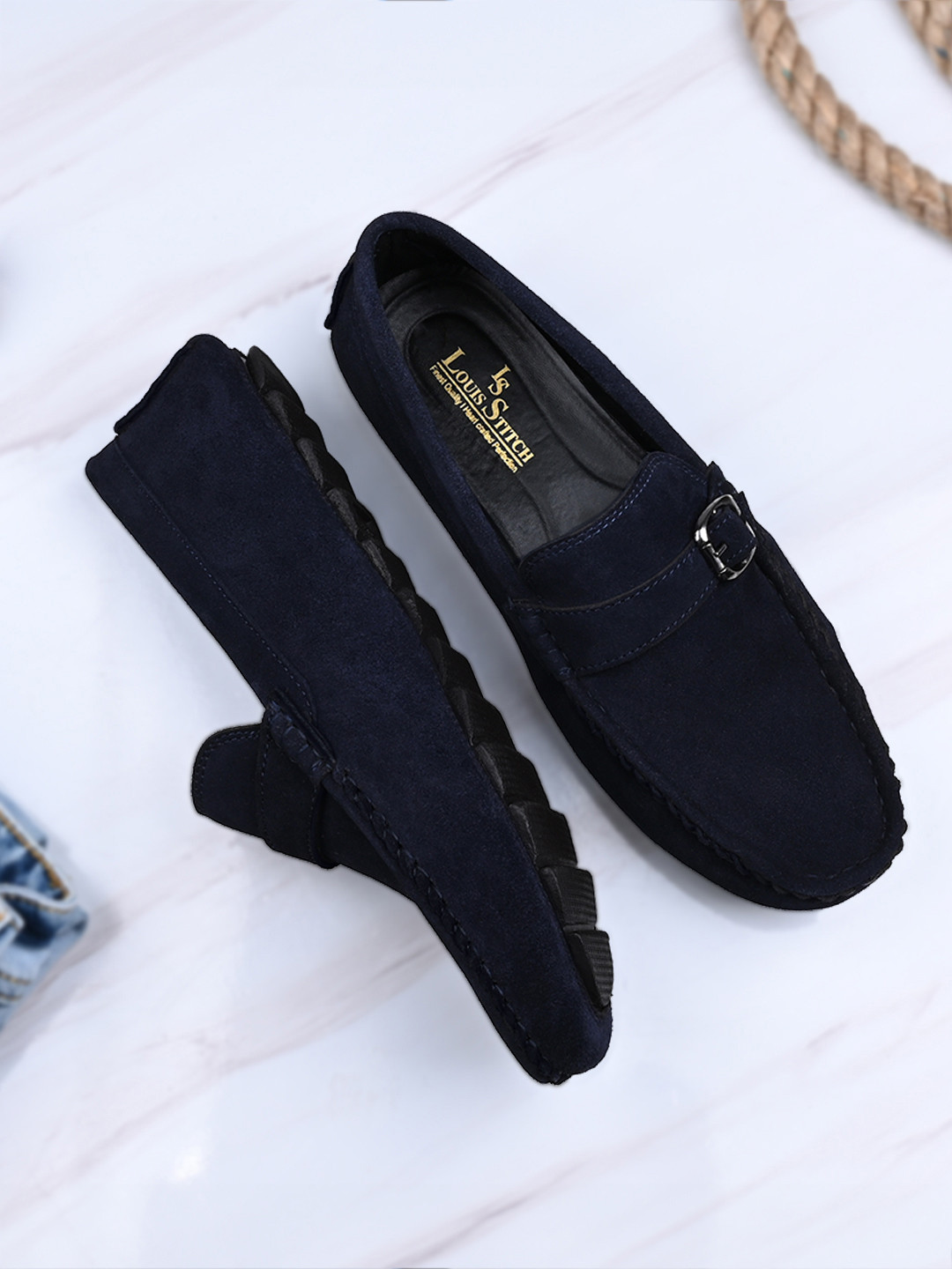 LOUIS STITCH Men Prussian Blue Italian Suede Leather Handmade Driving Loafers