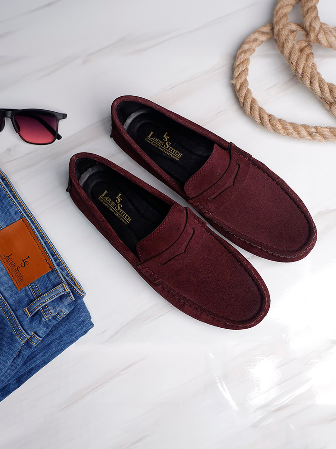 LOUIS STITCH Men Rosewood Italian Suede Leather Driving Loafers