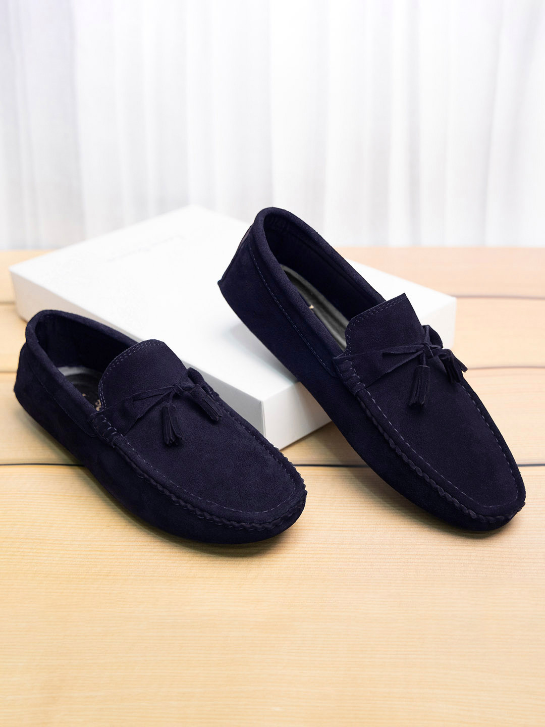 LOUIS STITCH Men Prussian Blue Italian Suede Leather Handmade Driving Tassel Loafers