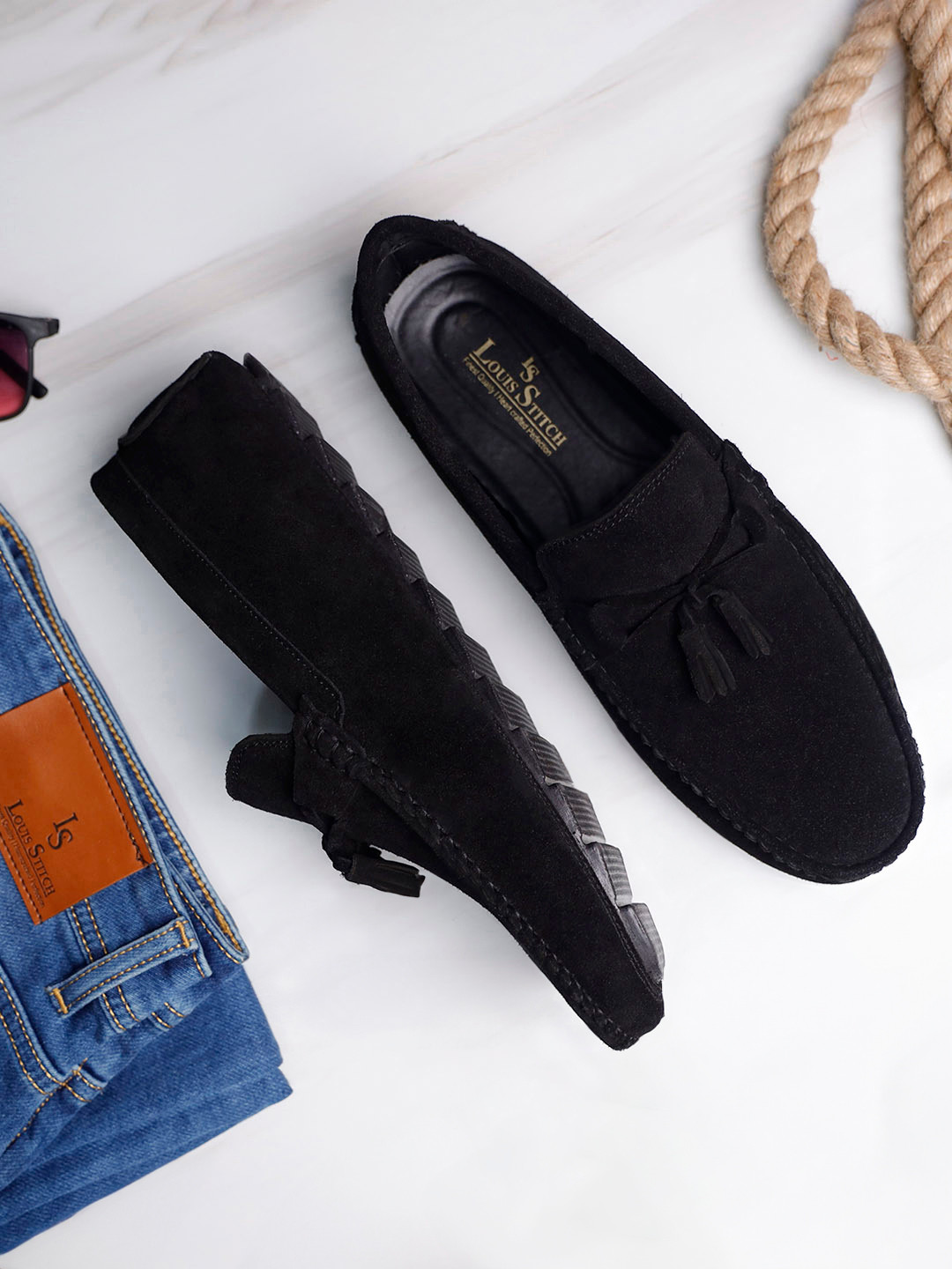 LOUIS STITCH Men Obsidian Black Italian Suede Leather Handmade Driving Tassel Loafers