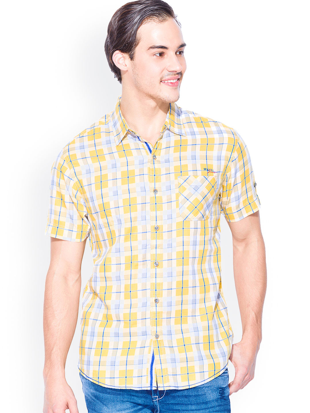 mufti mustard yellow checked casual shirt