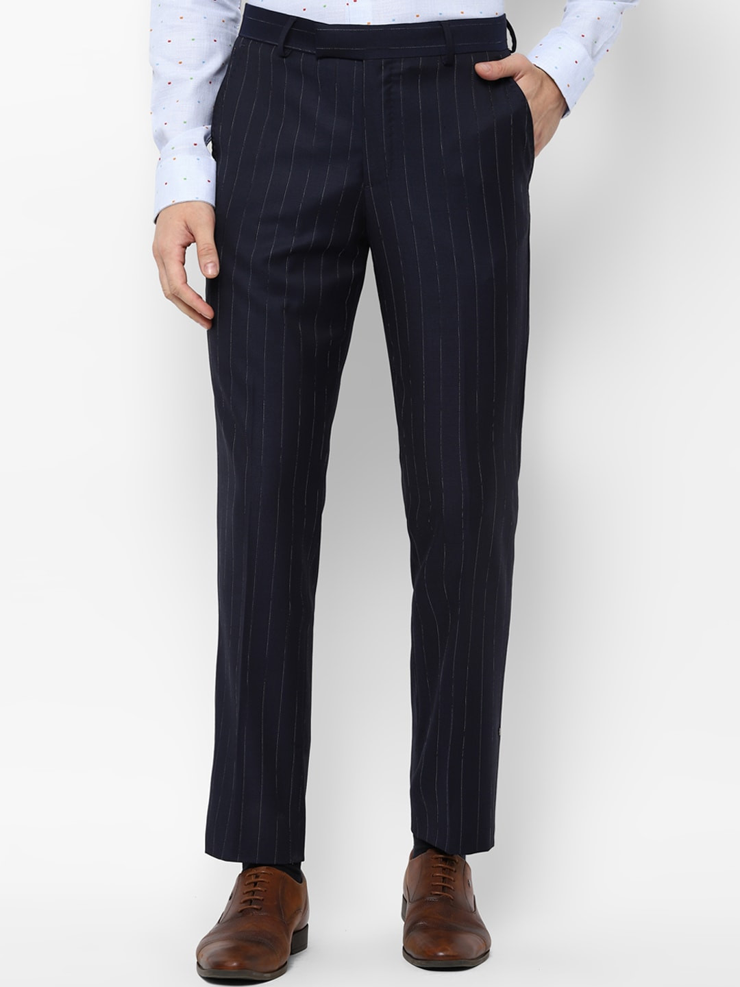 SIMON CARTER LONDON Men Navy Blue Slim Fit Striped Formal Trousers
