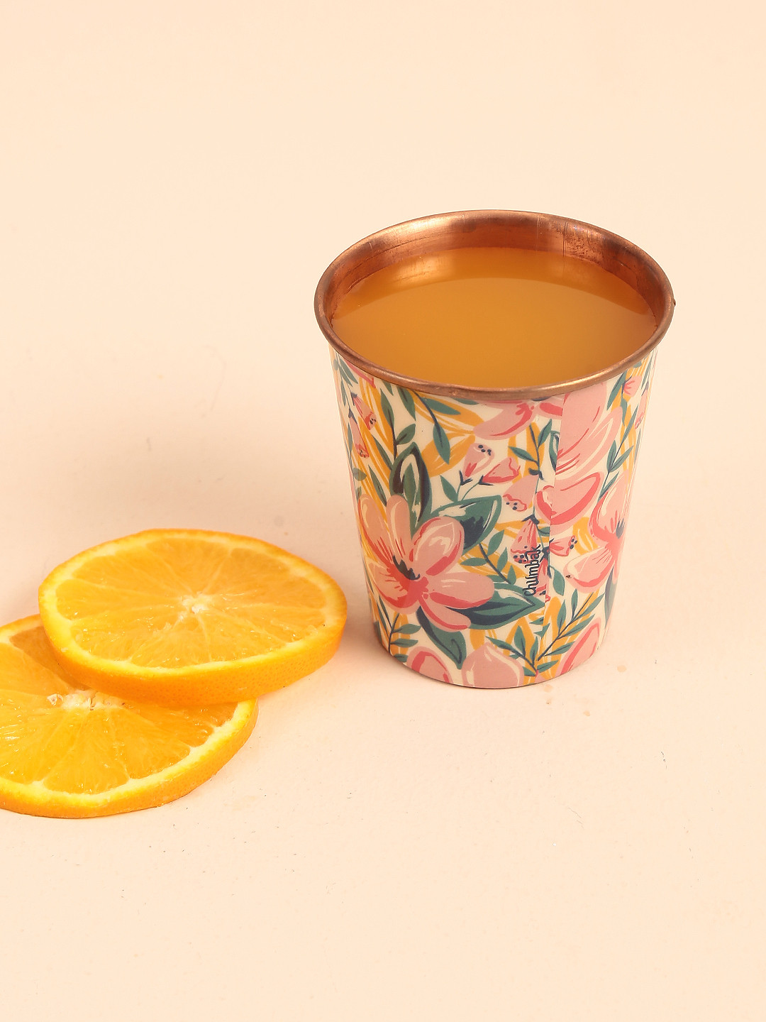 Chumbak Unisex Pink & Green Printed Handpainted Flower Sunrise Small Copper Tumbler