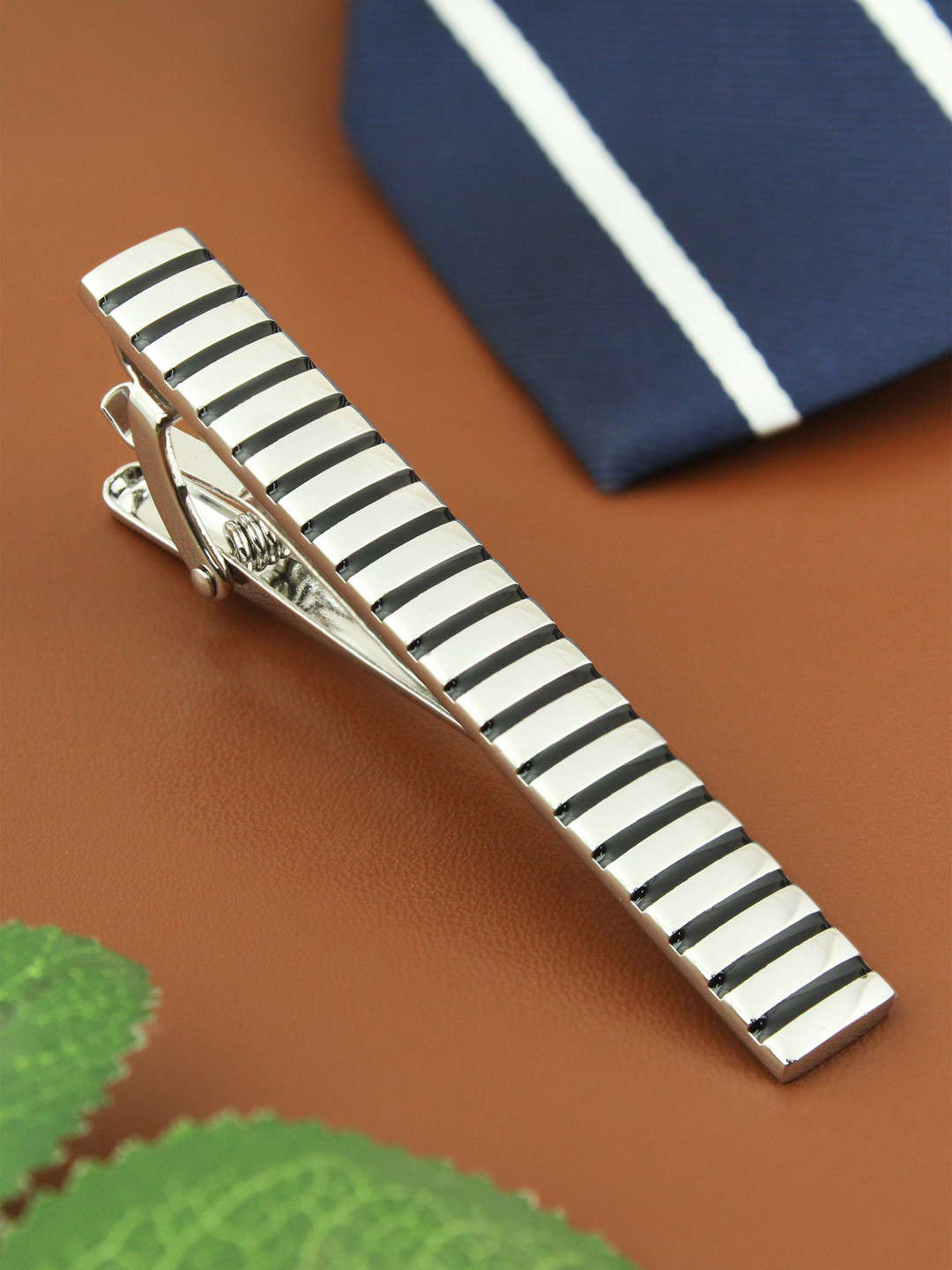 PELUCHE Unisex Silver-Toned & Black Party Striped Mr.Dapper Tie Pin