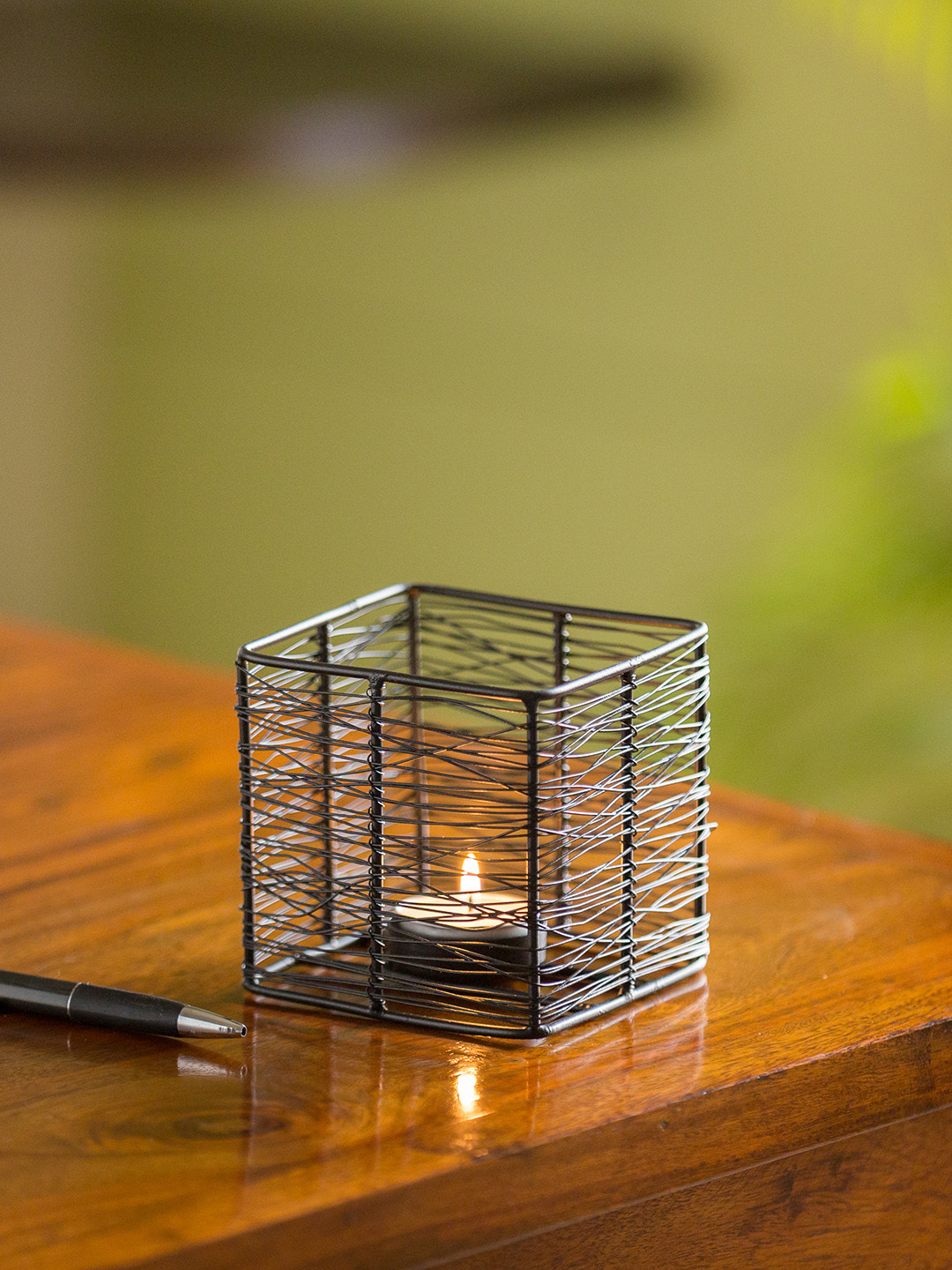 ExclusiveLane Black Glowing Mesh Cube Handwired Table Tea-Light Holder In Iron