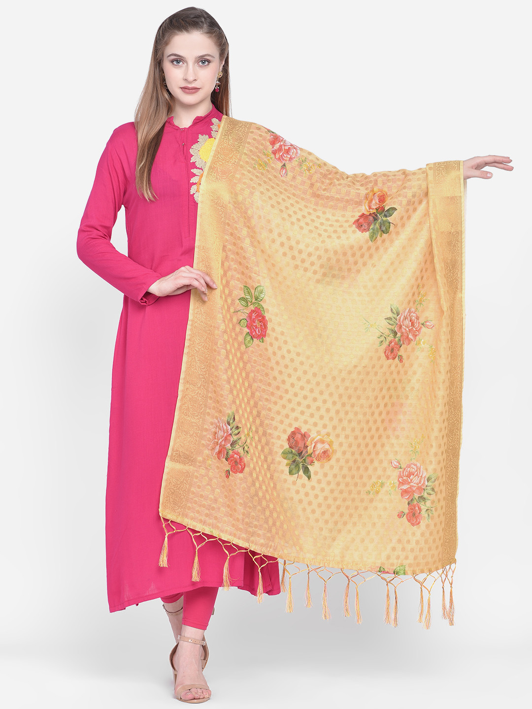 Dupatta Bazaar Yellow & Pink Woven Design Banarasi Silk Dupatta