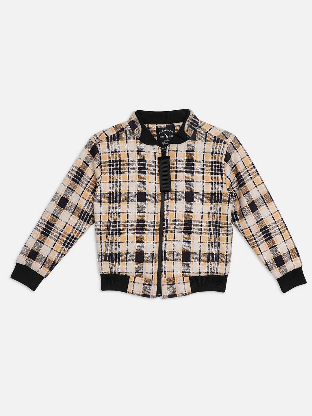 Blue Giraffe Boys Beige & Navy Blue Checked Bomber Jacket
