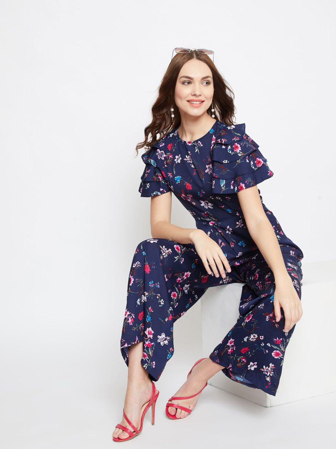 Uptownie Lite Women Blue & Pink Printed Ruffle Sleeves Jumpsuit