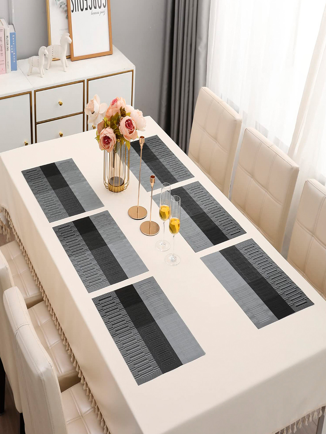 HOKIPO Black & Grey Set of 6 Striped Table Mats