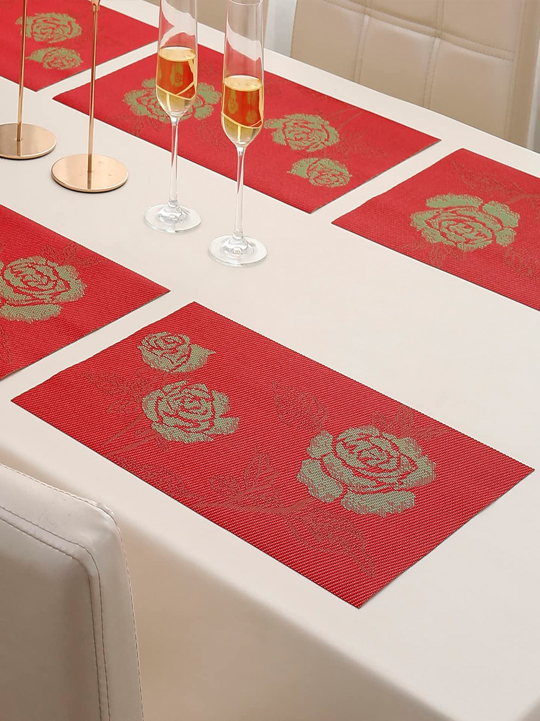 HOKIPO Set of 6 Red & Green Red Rose Patterned Table Mats