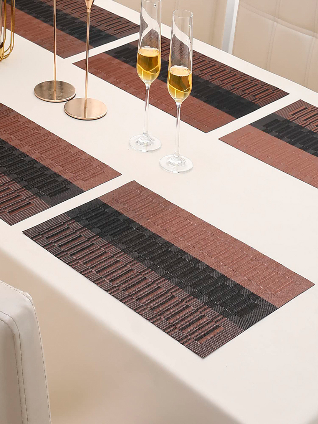 HOKIPO Set of 6 Brown & Black Colourblocked Table Placemats