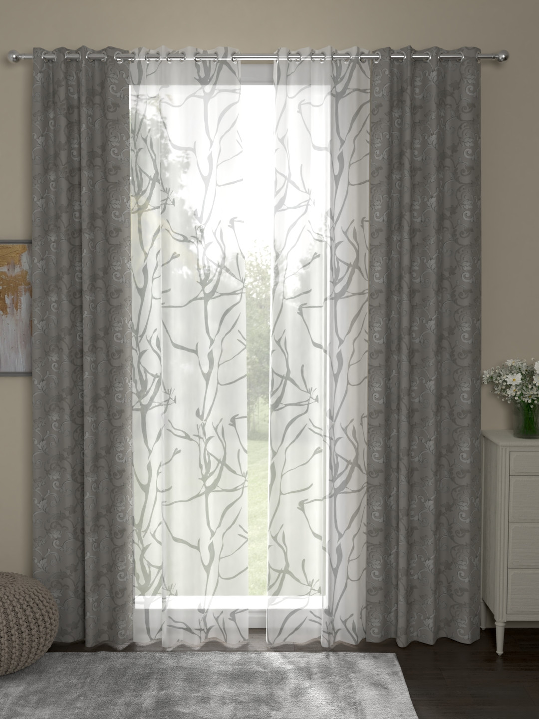 ROSARA HOME Grey & White Set of 4 Door Curtains