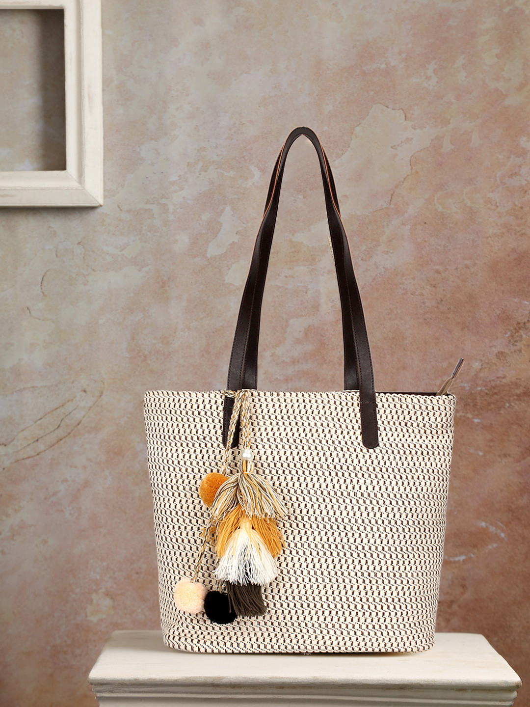 Anekaant White Self Design Shoulder Bag