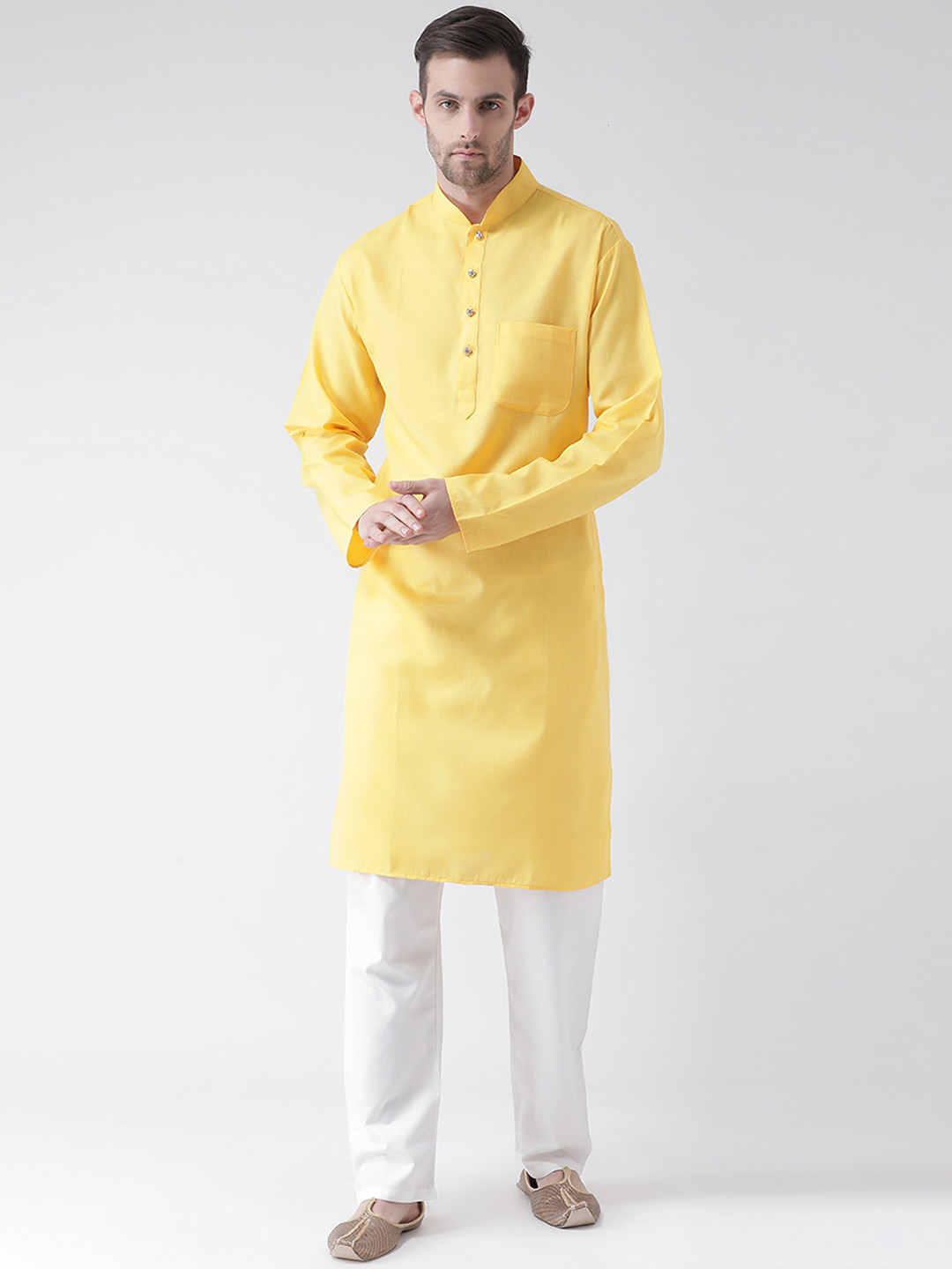 SG LEMAN Men Yellow & White Solid Kurta with Pyjamas