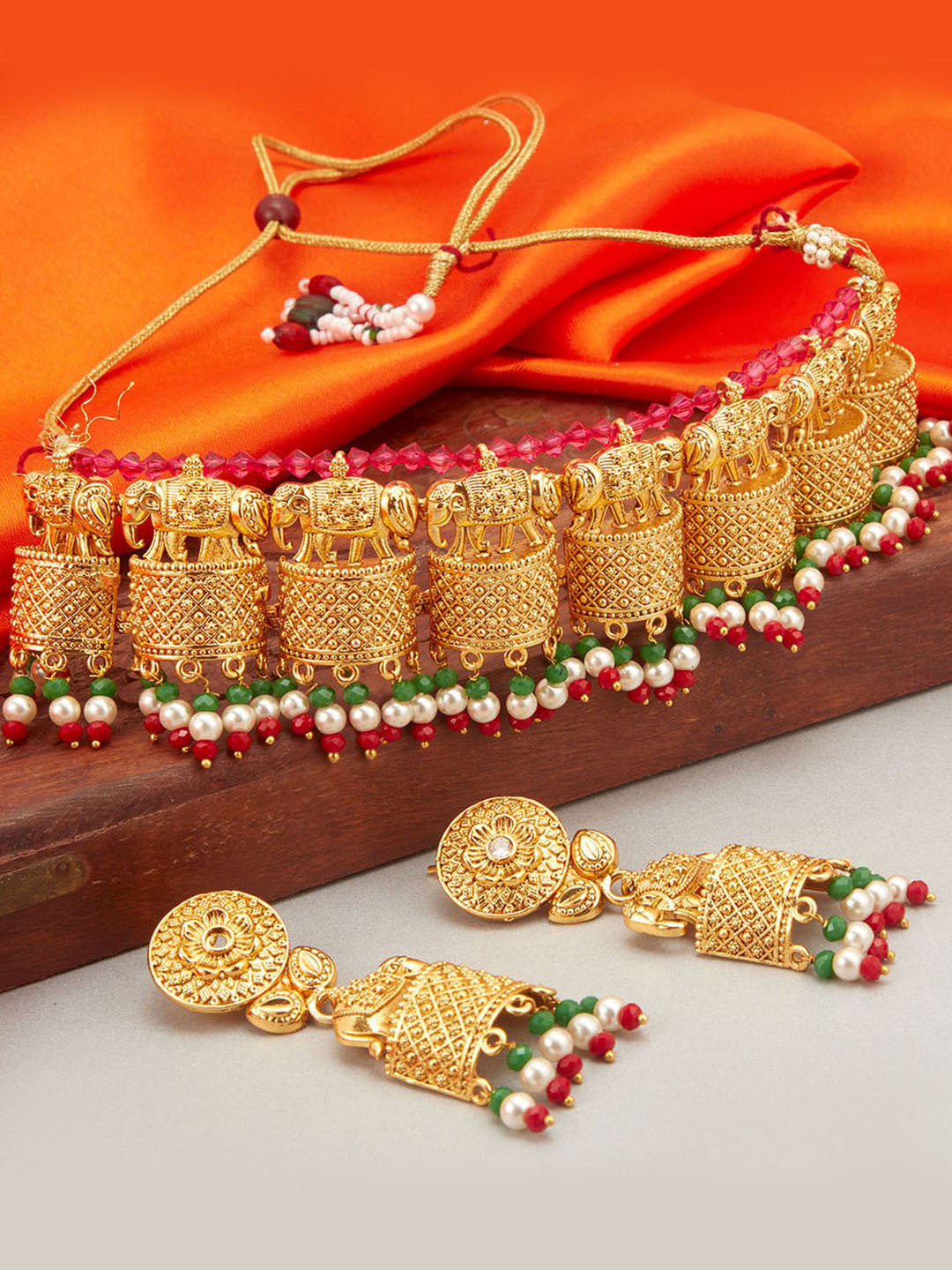 Peora Pink & Green Gold-Plated Temple Jewellery Set