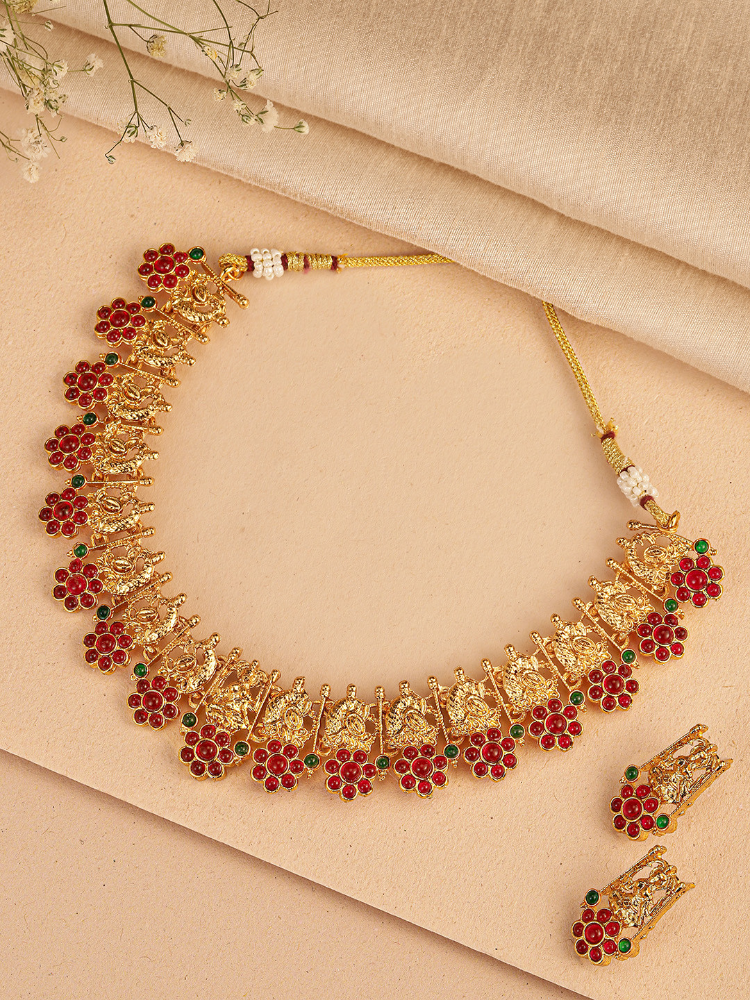 Peora Pink & Green Gold-Plated Temple Jewellery Set