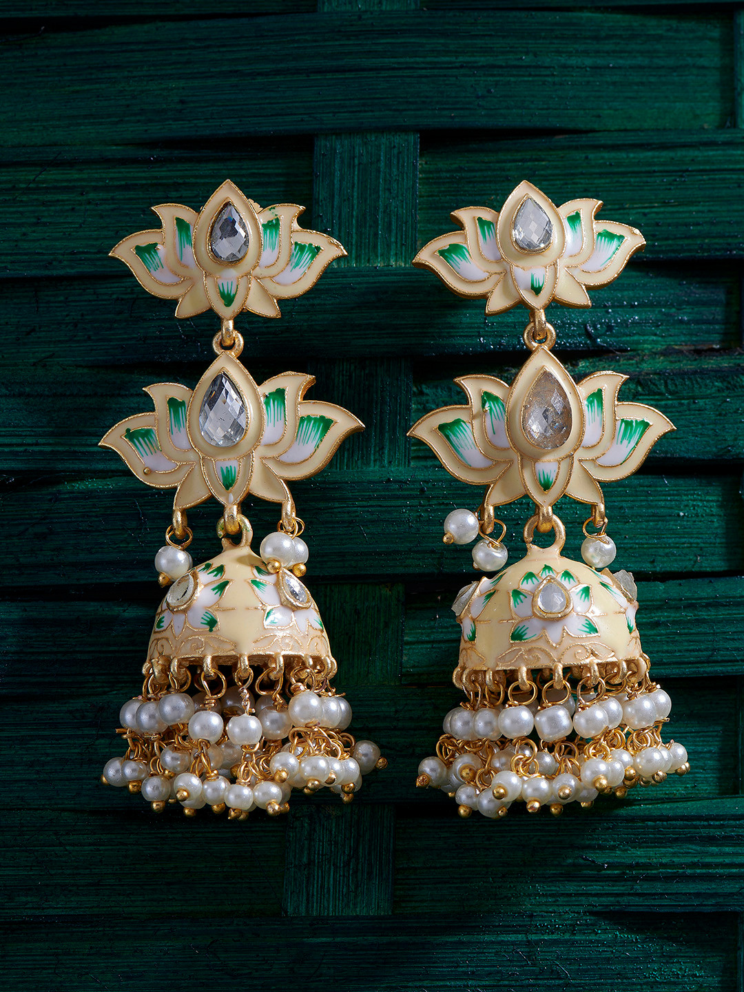 Peora Cream-Coloured Gold-Plated Enamelled Meenakari Dome Shaped Jhumkas
